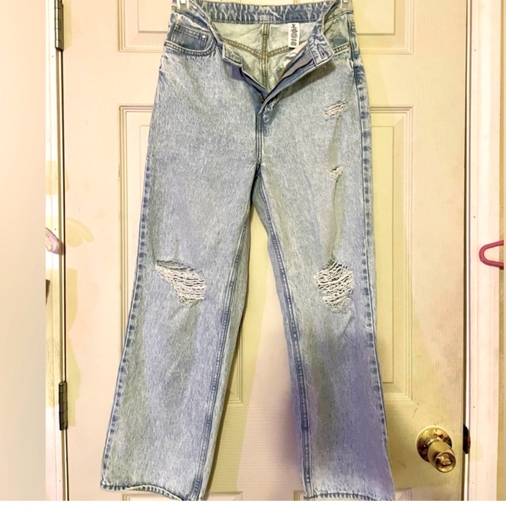 Denim Hole Washed Wide Leg Loose Boyfriend Jeans 100% Cotton